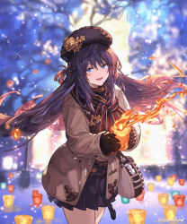 Rule 34 | 1girl, :d, black hat, black scarf, black skirt, blue eyes, blurry, blurry background, brown coat, brown gloves, brown hair, coat, cowboy shot, ezusuke, floating hair, gloves, hair between eyes, hat, highres, holding, lantern, long hair, long sleeves, miniskirt, open clothes, open coat, open mouth, paper lantern, pleated skirt, scarf, shingeki no bahamut, skirt, smile, solo, standing, striped clothes, striped scarf, very long hair, winter