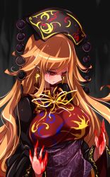 Rule 34 | animal print, aura, black background, black dress, black hat, blonde hair, blood, blood on hands, blush, breasts, chinese clothes, commentary request, crying, crying with eyes open, dress, earrings, eyelashes, from side, hat, highres, jewelry, jpeg artifacts, junko (touhou), large breasts, long hair, looking at hands, looking down, obi, one-hour drawing challenge, pointy ears, pointy nose, raptor7, red eyes, ribbon, sad, sash, single tear, streaming tears, tabard, tassel, tears, touhou, upper body, very long hair, wide sleeves