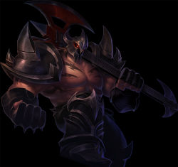 Rule 34 | 1boy, armor, axe, black gloves, black pants, chain, collaboration, fingerless gloves, gloves, glowing, glowing eyes, guitar, helm, helmet, holding, holding instrument, instrument, league of legends, male focus, mordekaiser, official alternate costume, pants, pentakill (league of legends), pentakill mordekaiser, red eyes, shoulder armor, shoulder spikes, solo, spikes, tattoo, vegacolors