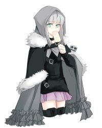 Rule 34 | 1girl, boots, ddd itsuki, eating, fate (series), fur trim, gray (fate), grey eyes, grey hair, highres, hood, hood up, long hair, long sleeves, lord el-melloi ii case files, miniskirt, pink skirt, pleated skirt, simple background, skirt, solo, thigh boots, thighhighs, white background, zettai ryouiki