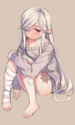 Rule 34 | 1girl, bad id, bad pixiv id, bandaged leg, bandages, bandaid, bandaid on cheek, bandaid on face, bandaid on foot, bare shoulders, barefoot, blush, brown background, closed mouth, collarbone, commentary request, copyright request, elf, female focus, full body, grey sweater, hair over one eye, highres, knee up, knees together feet apart, long hair, long sleeves, off shoulder, one eye covered, pigeon-toed, pointy ears, red eyes, silver hair, simple background, sitting, sleeves past wrists, solo, sweater, tama (tamatamo), toenails, very long hair