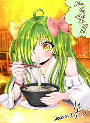 Rule 34 | absurdres, ahoge, bare shoulders, blush, bow, bowl, chopsticks, closed mouth, dated, detached sleeves, eating, food, fukuoka gourmet sanmai yokato channel, hair bow, hair over one eye, highres, holding, holding chopsticks, indoors, japanese clothes, kamaboko, long hair, long sleeves, maizuru yokato, narutomaki, noodles, pink bow, ramen, signature, sitting, smile, solo, sparkling eyes, speech bubble, table, temimin, twintails, twintails day, very long hair, virtual youtuber, wide sleeves, yellow bow, yellow eyes