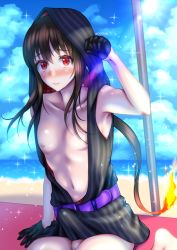 Rule 34 | 1boy, black hair, blush, bulge, censored, erection, erection under clothes, fate/grand order, fate (series), functionally nude, gloves, highres, long hair, male focus, nipples, ocean, oda nobukatsu (fate), penis, red eyes, sky, solo, testicles, trap