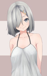 Rule 34 | 1girl, arms behind back, breasts, camisole, grey background, grey eyes, hair ornament, hair over one eye, hairclip, hamakaze (kancolle), highres, kantai collection, large breasts, neko no hige, short hair, solo, two-tone background, upper body, white camisole