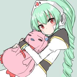 Rule 34 | 1girl, blush, closed mouth, commentary request, dress, dutch angle, galaxy angel, gold trim, green background, green hair, hair between eyes, head tilt, headgear, juliet sleeves, long hair, long sleeves, looking at viewer, malice stella, hugging object, puffy sleeves, red eyes, simple background, sketch, solo, stuffed animal, stuffed toy, vanilla h, very long hair, white dress