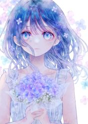 Rule 34 | 1girl, artist name, blue eyes, blue hair, bouquet, closed mouth, collarbone, commentary request, dress, floral background, flower, ginniroya, hair flower, hair ornament, highres, holding, holding bouquet, looking at viewer, original, short hair, sleeveless, sleeveless dress, solo, twitter username, watermark, white dress