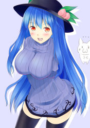 Rule 34 | 1girl, alternate costume, black thighhighs, blue background, blue hair, blush, breast hold, breasts, crossed arms, dress, furiido (fried37), furiido (idobatakaigisho), hinanawi tenshi, large breasts, long hair, looking at viewer, red eyes, ribbed sweater, smile, solo, standing, sweater, sweater dress, thighhighs, touhou, turtleneck, very long hair, zettai ryouiki