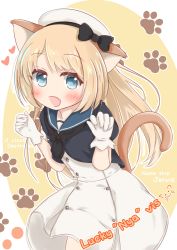 Rule 34 | 1girl, :d, animal ears, beret, black bow, black neckerchief, black shirt, blue eyes, blue sailor collar, blush, bow, cat ears, cat girl, cat tail, character name, commentary request, dress, fang, gloves, hands up, hat, heart, highres, jervis (kancolle), kantai collection, kemonomimi mode, light brown hair, long hair, neckerchief, open mouth, paw print, paw print background, ridy (ri sui), sailor collar, shirt, sidelocks, smile, solo, tail, very long hair, white background, white dress, white gloves, white hat
