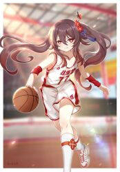 Rule 34 | 1girl, absurdres, bad id, basketball, brown hair, flat chest, flower, flower-shaped pupils, genshin impact, highres, hu tao (genshin impact), loose clothes, loose shirt, red eyes, red flower, shirt, symbol-shaped pupils, white shirt