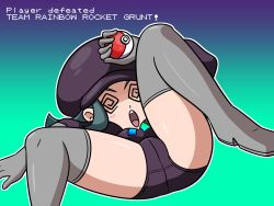 Rule 34 | 1girl, @ @, artist request, black hat, black shorts, blush stickers, boots, breasts, creatures (company), defeat, english text, game freak, gameplay mechanics, gloves, gradient background, green background, green hair, grey footwear, grey gloves, grey thighhighs, hand up, hat, highres, holding, holding poke ball, lying, medium breasts, nintendo, on back, open mouth, poke ball, pokemon, pokemon usum, shiny skin, short hair, short shorts, shorts, simple background, solo, spread legs, team rainbow rocket, team rainbow rocket grunt, teeth, text focus, thigh boots, thighhighs, thighs