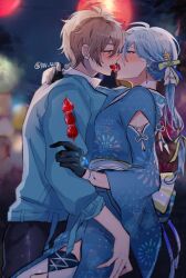 Rule 34 | 2boys, 417 (i7-4i), ahoge, alternate hairstyle, bishounen, black gloves, blue jacket, blue kimono, blurry, blurry background, braid, crossdressing, earrings, edmond (nu carnival), eiden (nu carnival), food, food in mouth, french kiss, gloves, highres, holding, holding food, jacket, japanese clothes, jewelry, kimono, kiss, low ponytail, male focus, multiple boys, nu carnival, open mouth, short hair, side braid, standing, tongue, tongue out, twitter username, yaoi