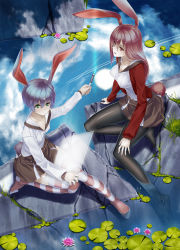 Rule 34 | 2girls, animal ears, bad id, bad pixiv id, black pantyhose, blue hair, breasts, brush, bush, cloud, flower, grass, green eyes, highres, large breasts, legs, lilies, lily (flower), lily pad, moriyama yuuki, multiple girls, original, pantyhose, rabbit ears, rabbit tail, red eyes, red hair, reflection, skirt, sky, striped clothes, striped legwear, striped pantyhose, tail, thighhighs, water