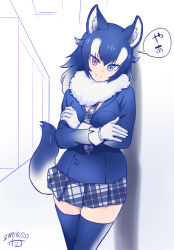 Rule 34 | 10s, 1girl, animal ears, bad id, bad pixiv id, black hair, blue eyes, fur collar, gloves, grey wolf (kemono friends), heterochromia, hori (hori no su), kemono friends, leaning on object, long hair, long sleeves, looking at viewer, multicolored hair, necktie, red eyes, skirt, solo, tail, translation request, two-tone hair, wolf ears, wolf tail