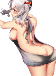 Rule 34 | 10s, 1girl, backless outfit, bare arms, bare back, bare shoulders, blush, breasts, butt crack, cowboy shot, dress, female focus, grey sweater, halterneck, highres, hyuuman, kantai collection, kashima (kancolle), large breasts, leaning forward, long hair, meme attire, naked sweater, open mouth, sideboob, grey eyes, silver hair, simple background, skindentation, smile, solo, sweater, sweater dress, thighs, turtleneck, turtleneck sweater, virgin killer sweater, white background