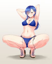Rule 34 | 1girl, absurdres, armpits, arms behind head, ass, bad id, bad pixiv id, bikini, blue bikini, blue hair, blush, breasts, commentary request, full body, green eyes, hair ornament, highres, large breasts, long hair, maria traydor, momihige, naughty face, navel, simple background, smile, solo, squatting, star ocean, star ocean anamnesis, swimsuit, white background