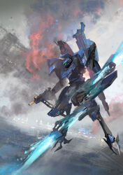 Rule 34 | armored core, armored core 6, double-blade, energy blade, full body, green eyes, gun, handgun, highres, holding, holding gun, holding weapon, mecha, mecha focus, midair, miso katsu, missile pod, no humans, outdoors, reverse-jointed legs, robot, science fiction, smoke, steel haze, thrusters, weapon