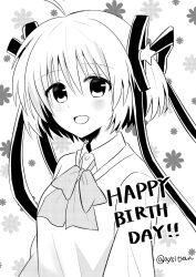 Rule 34 | 1girl, :d, ahoge, blush, bow, collared shirt, commentary request, hair ornament, hair ribbon, happy birthday, highres, kamikita komari, little busters!, little busters! school uniform, long ribbon, looking at viewer, monochrome, open mouth, ribbon, sai (aysityan), school uniform, shirt, short hair, simple background, smile, solo, star (symbol), star hair ornament, twitter username, two side up, upper body, white background