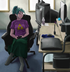 Rule 34 | 1girl, breasts, casual, computer, controller, crt, desk, dragon quest, game console, game controller, gamepad, giga girl (rurounizel), green hair, highres, crossed legs, long hair, monitor, no shoes, original, playing games, playstation 3, ponytail, printer, purple eyes, rurounizel, shirt, sitting, skirt, slime (dragon quest), small breasts, socks, solo, t-shirt, television, triforce, xbox 360