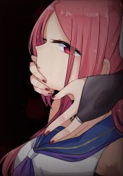 Rule 34 | 2girls, assault lily, bare shoulders, black background, black bridal gauntlets, black choker, blood, blood splatter, blue sailor collar, breasts, bridal gauntlets, choker, closed mouth, commentary, fingernails, from side, green eyes, hand on another&#039;s chin, hands on another&#039;s face, heterochromia, inaba mayumi, long hair, looking ahead, medium breasts, multiple girls, nail polish, neckerchief, nigari (ngari 0115), odaiba girls high school uniform, out of frame, parted bangs, purple neckerchief, red eyes, red hair, red nails, sailor collar, school uniform, serafuku, shiba tomoshibi, shirt, simple background, sleeveless, sleeveless shirt, solo focus, upper body, white shirt