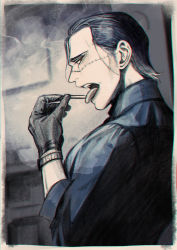 Rule 34 | 1boy, absurdres, black hair, cigarette, from side, gloves, hair slicked back, highres, looking at viewer, male focus, muted color, one piece, open mouth, scar, scar on face, crocodile (one piece), sleeves rolled up, solo, tongue, tongue out, ukari