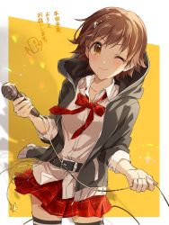 Rule 34 | 1girl, bad id, bad twitter id, belt, belt buckle, blush, brown eyes, brown hair, buckle, cable, chain, chibi, chibi inset, collared shirt, commentary, cowboy shot, hair ornament, hairclip, holding, holding microphone, honda mio, hood, hood down, hooded jacket, idolmaster, idolmaster cinderella girls, idolmaster cinderella girls starlight stage, jacket, loose necktie, microphone, necktie, one eye closed, open clothes, open jacket, p-head producer, plaid, plaid necktie, plaid neckwear, plaid skirt, pleated skirt, producer (idolmaster), red skirt, shirt, short hair, skirt, smile, solo, star (symbol), striped clothes, striped thighhighs, thighhighs, translation request, zattape, zettai ryouiki