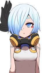Rule 34 | 1girl, :o, bare shoulders, blue eyes, blue hair, blush, breasts, disembodied hand, eyeshadow, hair over one eye, looking at viewer, magi (overturn), makeup, medium breasts, one eye covered, overturn, parted lips, short hair, simple background, solo focus, sumiyao (amam), upper body, white background