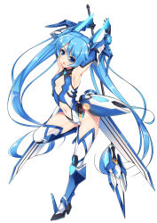 Rule 34 | 1girl, :o, armor, armpits, arms up, black gloves, blue hair, blush, bodysuit, boots, bracer, cleavage cutout, clothing cutout, elbow gloves, faulds, flat chest, from side, full body, gloves, greaves, groin, hair between eyes, head tilt, headgear, high heel boots, high heels, highres, holding, holding weapon, leg lift, leg up, leotard, long hair, looking at viewer, magical girl, navel, navel cutout, neon trim, open mouth, ore twintail ni narimasu, polearm, raiou, revealing clothes, simple background, solo, spear, tailblue, thigh boots, thighhighs, tsube aika, twintails, vambraces, very long hair, weapon, white background, white thighhighs