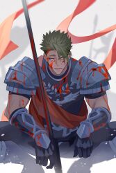 Rule 34 | 1boy, absurdres, achilles (fate), armor, blood, blood on clothes, blood on face, bloody weapon, dark green hair, dust, fate/grand order, fate (series), gauntlets, haruakira, highres, lower teeth only, male focus, open mouth, polearm, red sash, sash, short hair, short sleeves, shoulder armor, squatting, teeth, undercut, weapon, yellow eyes