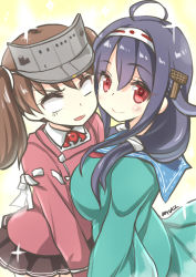 Rule 34 | 10s, 2girls, absurdres, ahoge, asymmetrical docking, blue hair, breast envy, breast press, breasts, brown hair, clothes lift, dress shirt, empty eyes, flat chest, hair ornament, hairband, hairclip, highres, kantai collection, large breasts, long hair, looking at viewer, magatama, multiple girls, no pupils, open mouth, red eyes, ryuki (ryukisukune), ryuuhou (kancolle), ryuujou (kancolle), shirt, skirt, skirt lift, sparkle, taigei (kancolle), twintails, visor cap