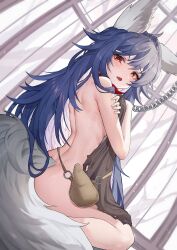 Rule 34 | 1girl, absurdres, animal ears, arched back, blue hair, chain, commission, covering privates, covering breasts, dutch angle, from behind, highres, holster, josal, legs, long hair, looking at viewer, looking back, looking to the side, median furrow, nude, original, red eyes, solo, tail, very long hair, wolf ears, wolf girl, wolf tail
