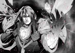 Rule 34 | 1boy, armor, black sclera, bloodstone taric, colored sclera, derivative work, greyscale, inkmaru, league of legends, long hair, looking at viewer, male focus, mixed-language commentary, monochrome, screenshot redraw, sparkle, taric, upper body