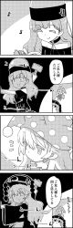 Rule 34 | 4koma, chinese clothes, choker, closed eyes, clothes writing, clownpiece, comic, commentary request, crescent, flying, greyscale, hammer, hat, hecatia lapislazuli, highres, holding, holding hammer, jester cap, junko (touhou), long hair, monochrome, musical note, off-shoulder shirt, off shoulder, on head, person on head, pom pom (clothes), shadow, shirt, short sleeves, skirt, smile, straw doll, tani takeshi, touhou, translation request, wings, yukkuri shiteitte ne