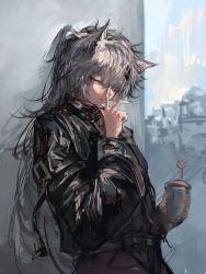 Rule 34 | 1girl, against wall, alternate costume, animal ear fluff, animal ears, arknights, black jacket, black nails, blue eyes, closed mouth, cowboy shot, crying, crying with eyes open, cup, day, fingernails, hand up, highres, holding, holding cup, jacket, lappland (arknights), long fingernails, long hair, long sleeves, looking at viewer, messy hair, naijiaer, nail polish, one eye closed, outdoors, silver hair, solo, tears, very long hair, wolf ears
