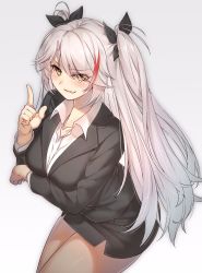 Rule 34 | 1girl, azur lane, black ribbon, blush, breast hold, breasts, collarbone, collared shirt, eyes visible through hair, formal, gradient background, hair ribbon, hand up, highres, large breasts, long hair, long sleeves, looking at viewer, multicolored hair, office lady, orange eyes, pantyhose, pencil skirt, pointing, prinz eugen (azur lane), red hair, ribbon, shirt, silver hair, skirt, skirt suit, smile, solo, streaked hair, suit, swept bangs, tongue, tongue out, two side up, very long hair, white shirt, yamanokami eaka