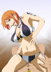 Rule 34 | 1girl, bare shoulders, bikini, breasts, cleavage, girl on top, highres, jewelry, kyabakurabakufu, large breasts, legs, lying, nami (one piece), navel, necklace, one piece, open mouth, orange hair, pirate, red eyes, short hair, sitting, sitting on person, swimsuit, tattoo, thighs, tongue, tongue out