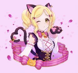 Rule 34 | 1girl, :3, ;), absurdres, alternate hairstyle, animal ears, animal hands, animal print, artist name, artist request, bare shoulders, black detached collar, black dress, blonde hair, blowing kiss, blush, bow, bowtie, braid, breasts, brown eyes, cat bell, cat ears, cat gloves, cat paws, cat print, cat tail, cross-laced clothes, cross-laced dress, crown braid, crystal hair ornament, detached collar, dress, dress bow, female focus, frilled dress, frills, fur-trimmed sleeves, fur trim, green eyes, hair bow, hair ornament, hairclip, hairpin, heart, heart hair ornament, highres, looking at viewer, love live!, love live! school idol festival, love live! school idol festival all stars, love live! sunshine!!, ohara mari, one eye closed, parted lips, petals, pink bow, puffy short sleeves, puffy sleeves, purple bow, purple detached collar, purple petals, short hair, short sleeves, short twintails, smile, solo, striped, striped bow, tail, tail bow, tail ornament, twintails, upper body, white dress, yellow eyes