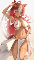 Rule 34 | 1girl, :3, absurdres, ahoge, animal ears, arabian clothes, arm up, armlet, armpits, bare shoulders, bikini, blush, breasts, bridal gauntlets, circlet, cleavage, closed mouth, commentary request, cowboy shot, dark-skinned female, dark skin, darley arabian (umamusume), ear ornament, gold collar, green eyes, groin, hair between eyes, highres, horse ears, horse girl, horse tail, large breasts, long hair, looking at viewer, multicolored hair, navel, pelvic curtain, red nails, shawl, shinonome (shinonome rynn), sidelocks, simple background, skirt, smile, solo, standing, standing on one leg, stomach, swimsuit, tail, thighlet, two-tone hair, umamusume, veil, white background, white bikini, white hair, white skirt