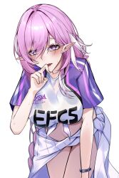 Rule 34 | 1girl, absurdres, blush, breasts, cleavage, elf, elysia (honkai impact), gloves, hair ornament, highres, honkai (series), honkai impact 3rd, kamishiro noa, large breasts, long hair, looking at viewer, official alternate costume, open mouth, pink hair, pointy ears, purple eyes, smile, solo, very long hair, white background, white gloves
