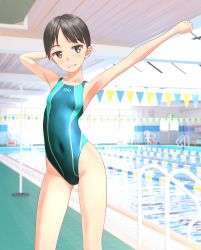Rule 34 | 1girl, absurdres, aqua one-piece swimsuit, black eyes, black hair, clothes writing, collarbone, competition swimsuit, cowboy shot, flat chest, grin, highleg, highleg swimsuit, highres, huge filesize, looking at viewer, multicolored clothes, multicolored swimsuit, one-piece swimsuit, original, outstretched arm, pool, pool ladder, short hair, smile, solo, standing, string of flags, swimsuit, takafumi, tomboy