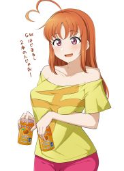 Rule 34 | 1girl, aged up, ahoge, alternate hair length, alternate hairstyle, barkhorn0331, blush, breasts, can, collarbone, commentary, drink, heart, heart ahoge, highres, large breasts, long hair, love live!, love live! sunshine!!, orange hair, red eyes, sidelocks, solo, takami chika, translation request, upper body, white background