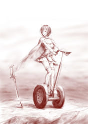 Rule 34 | 10s, 1girl, absurdres, artist request, boots, cape, gloves, highres, looking back, magical girl, mahou shoujo madoka magica, mahou shoujo madoka magica (anime), miki sayaka, monochrome, segway, short hair, sketch, skirt, solo, standing, sword, weapon