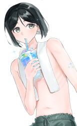 Rule 34 | 1boy, absurdres, black hair, collarbone, cowboy shot, drink, drinking straw, drinking straw in mouth, fate/zero, fate (series), food, grey eyes, grey male swimwear, highres, holding, holding drink, looking at viewer, macaron, male focus, male swimwear, navel, simple background, smoothie, solo, sparkle, sprinkles, swim trunks, tokoni fusu, topless male, towel, towel around neck, waver velvet, white background