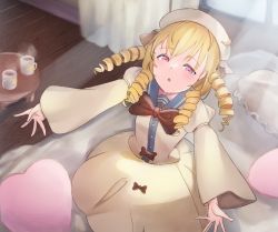 Rule 34 | 1girl, :o, arms up, bad id, bad pixiv id, bed, beret, blonde hair, bow, bowtie, breasts, brown bow, brown bowtie, crescent, crescent hat ornament, cup, curtains, day, dress, dress bow, drill hair, dutch angle, from above, hair between eyes, hat, hat ornament, heart, heart-shaped pillow, highres, indoors, light rays, long hair, long sleeves, looking at viewer, luna child, open mouth, outstretched arms, pillow, pink eyes, small breasts, solo, steam, table, tea, touhou, ttrta0201, white dress, white hat, wide sleeves, window, wooden floor