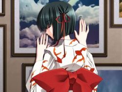 Rule 34 | 1girl, carnelian, game cg, japanese clothes, kimono, long sleeves, night demon, picture frame, ribbon, ryuujou mashiro, solo
