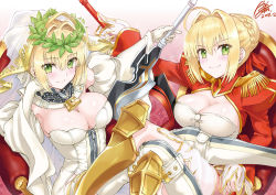 Rule 34 | 10s, 2girls, aestus estus, ahoge, belt, blonde hair, blush, bodysuit, braid, breasts, bridal veil, chain, cleavage, commentary request, couch, dated, dress, fate/extra, fate/extra ccc, fate/grand order, fate (series), french braid, full-length zipper, green eyes, hair between eyes, hair bun, hair intakes, head wreath, holding, holding sword, holding weapon, large breasts, leotard, lock, long hair, looking at viewer, loose belt, multiple girls, nero claudius (bride) (fate), nero claudius (bride) (third ascension) (fate), nero claudius (fate), nero claudius (fate) (all), nero claudius (fate/extra), nero claudius (olympian bloomers) (fate), official alternate costume, padlock, red dress, rohgun, see-through, signature, single hair bun, sitting, sleeves past wrists, smile, strapless, strapless leotard, sword, veil, weapon, white bodysuit, white leotard, white sleeves, wide sleeves, zipper