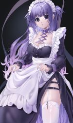 Rule 34 | 1girl, @ @, absurdres, apron, azen (mntimcczgrtn), belt, breasts, cleavage, clothes lift, corset piercing, dress, dress lift, earrings, frills, garter straps, gradient hair, highres, jewelry, long hair, long sleeves, looking at viewer, maid, maid headdress, mole, mole on breast, mole under eye, multicolored hair, multiple earrings, nail polish, neck ribbon, original, parted lips, purple eyes, purple hair, ribbon, scar, self-harm, side slit, skindentation, solo, spiked ear piercing, thighhighs, twintails, two-sided fabric, very long hair, wristband