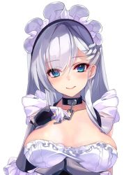 Rule 34 | 1girl, arm guards, arm under breasts, azur lane, belfast (azur lane), blue eyes, blush, braid, breasts, chain, cleavage, collar, collarbone, dress, french braid, frills, gloves, hand up, large breasts, long hair, looking at viewer, maid, maid headdress, shirokitsune, silver hair, simple background, smile, solo, upper body, white background, white gloves