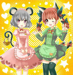 Rule 34 | 2girls, animal ears, bad id, bad pixiv id, basket, bow, braid, cat ears, cat girl, cat tail, cheese-kun, dress, fang, female focus, grey hair, hair bow, kaenbyou rin, maid, maid headdress, mouse ears, mouse tail, multiple girls, nazrin, owarine miku, pizza hut, purple eyes, red eyes, red hair, short hair, smile, tail, thighhighs, touhou, twin braids, v, wink