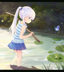 Rule 34 | 1girl, animal, blue butterfly, blue eyes, blue shirt, blue skirt, blush, bug, butterfly, child, closed mouth, commentary request, day, frog, holding, insect, kneepits, leilin, letterboxed, lily pad, long hair, miniskirt, naruse shiroha, outdoors, pleated skirt, pond, ponytail, profile, revision, shirt, silver hair, skirt, sleeveless, sleeveless shirt, standing, stick, striped clothes, striped shirt, summer pockets, very long hair, wading, water