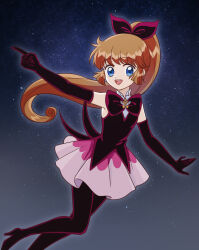Rule 34 | 1girl, :d, absurdres, bare shoulders, black footwear, black gloves, black ribbon, black shirt, blue eyes, boots, brown hair, elbow gloves, feet out of frame, gloves, hair ribbon, haneoka meimi, high heel boots, high heels, highres, kaitou saint tail, long hair, looking at viewer, night, night sky, open mouth, pink skirt, pleated skirt, ponytail, que meng meng, ribbon, saint tail, shirt, sidelocks, skirt, sky, sleeveless, sleeveless shirt, smile, solo, star (sky), starry sky, thigh boots, very long hair